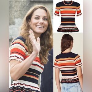 Sandro Terracotta Striped Frilled Cotton-blend Top-ASO Kate Middleton Royal-M/L